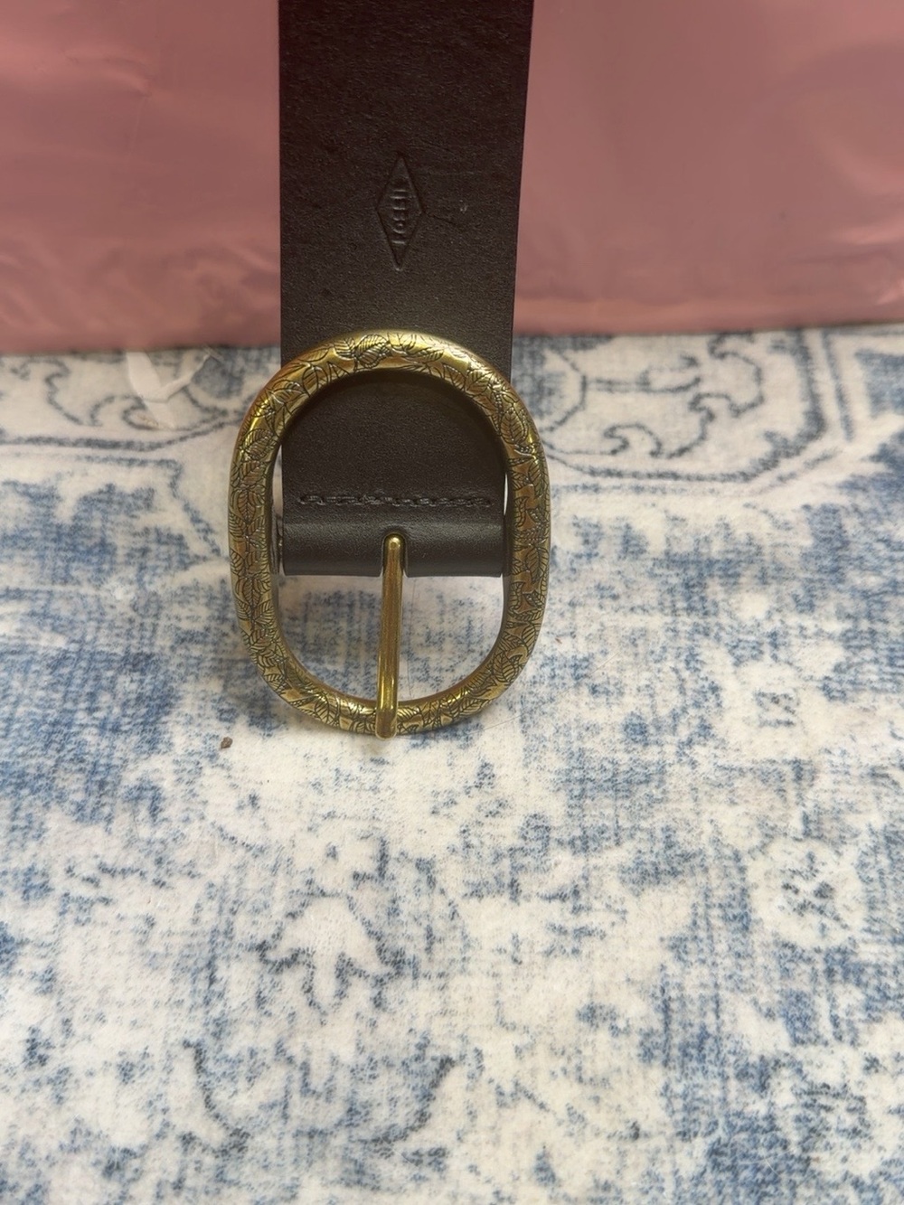 Fossil Back Leather Belt with Engraved Gold-Tone Oval Buckle